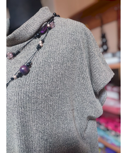 Sweterek Kimono damski z golfem - dzianina szary prążek